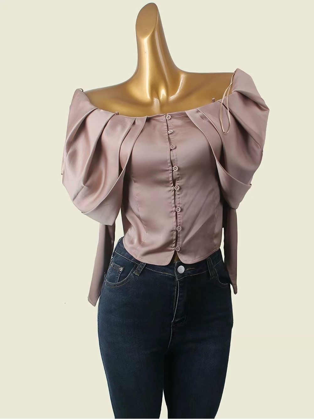GUESS Satin Off Shoulder Draped Blouse Top Taupe Size S